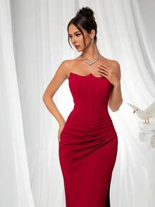 VIPGIRL Pleated Bandeau Backless Tie-Up Slit Maxi Elegant Evening Gown - Red - View 6