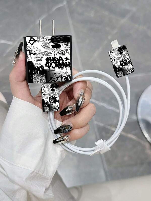 Personalized Graffiti Pattern Charger Protector Kit Suitable For Phone 18W/20W Adapter Cover With Cable Protector Compatible With Phone 13/14/15 - Charger Protective Case Set As A Gift