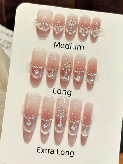 10 件手工指甲椭圆形指甲长尖按压指甲中长，闪亮粉色指甲，闪光猫眼法式尖头指甲，指甲宝石钻石吊坠石花镶嵌，前卫优雅奢华秋季按压指甲，秋季指甲，派对日常和约会使用海滩热带度假适用，DIY 假指甲适合女性和女孩作为礼物指甲用品