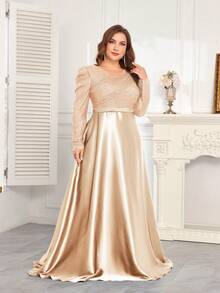 hezixi 高品质弹力亮片V领泡泡袖修身鱼尾裙摆设计，大码女式长裙，尽显优雅奢华与青春魅力，适合各种派对、毕业典礼、婚礼、活动、盛会和舞会等场合，女士正式礼服（豪华版）春季派对 - 杏色 - 查看 9