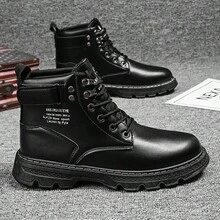 Trending Mid-Calf Boots, Casual Versatile Workwear Men's Shoes With Metal Eyelets And Lace-Up Closure, British Style - Black - View 1