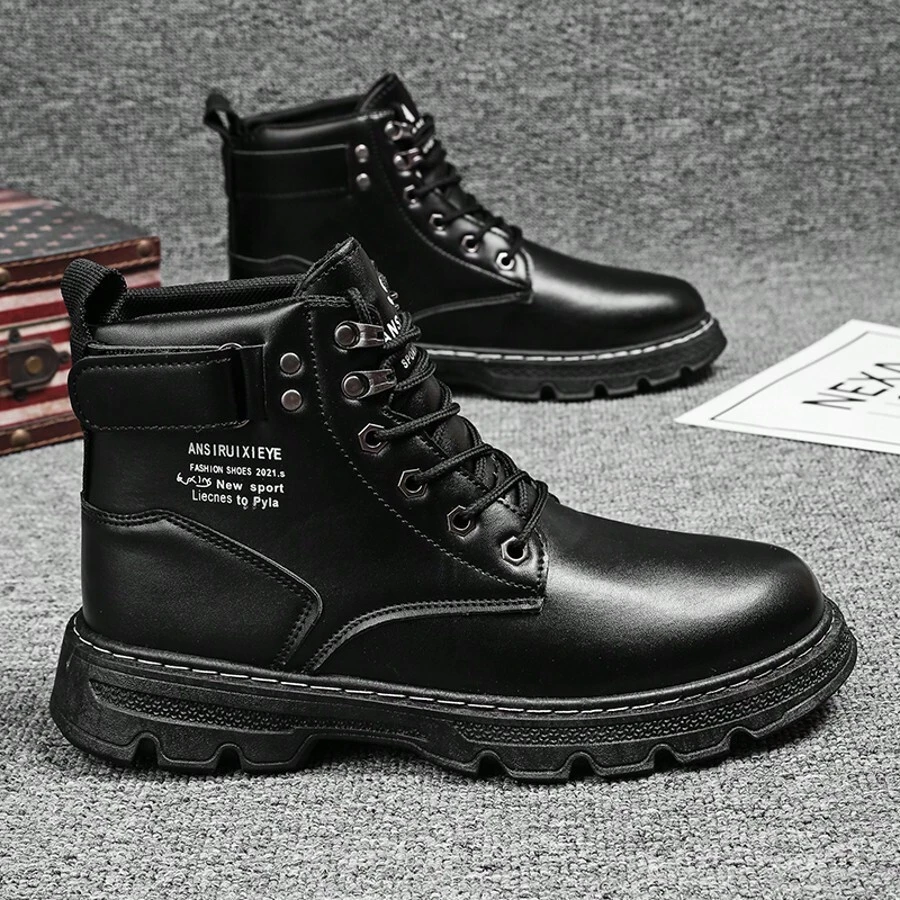 Trending Mid-Calf Boots, Casual Versatile Workwear Men's Shoes With Metal Eyelets And Lace-Up Closure, British Style - Black - View 1