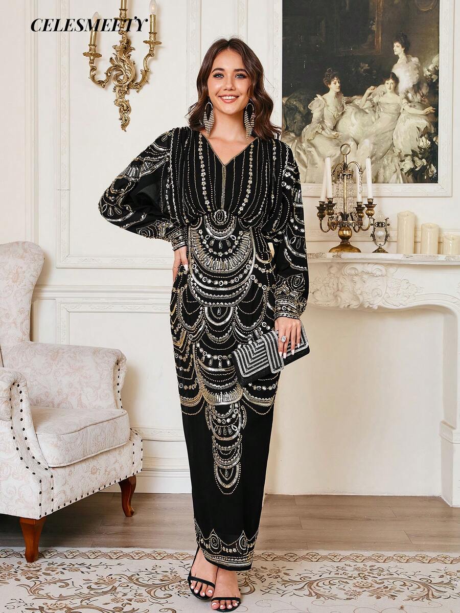 奢华皇家风黑色金亮片刺绣正式礼服，优雅雪纺蝙蝠袖晚礼服，适合派对、婚礼、家庭聚会等场合。