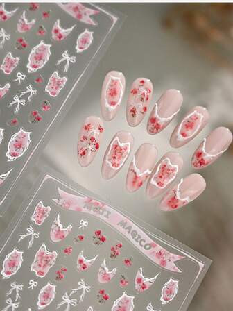 1Pc Gentle And Sweet Dried Flower Nail Sticker With French-Style Fresh Lace-Edged Bow Design For Women's Party Nail Decoration