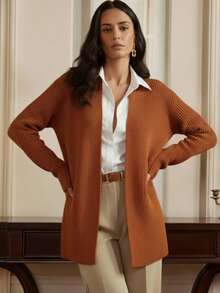 Women's Knitted Cardigan, Elegant Women's Winter Coat, Plain Cardigan - 紅陶 - 查看 4