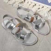 Women's Solid Color Flat Sandals, Casual Elastic Band Summer Shoes, Slip-On Beach Shoes - Silver - View 11