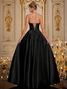 Alluring Black Spaghetti Strap High Slit Long Dress, Adorned With Hand-Embellished Rhinestones, Suitable For Elegant Ladies' Party Dress, Formal Evening Gown, Wedding Guest Dress, Appropriate For Graduation Ceremony, Banquet, Formal Attire Spring - Black - View 2