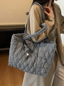 2025新款绗缝大容量单肩托特包，适合女性日常使用，通勤，学校，大学生，黑白，拉链开合，柔软，可折叠，休闲，轻便，短途旅行，购物 - 黑與白 - 查看 13