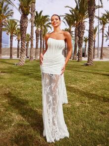 女士优雅无肩带婚纱 – 竖条纹、褶裥紧身胸衣和薄纱花卉蕾丝曳地长裙，适合新娘、春季连衣裙和夏季服装 - 白色 - 查看 8