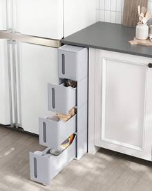Torre de almacenamiento con ruedas, columna para cocina estrecha, estante de plástico con 4 niveles, ahorro de espacio, 45 x 17 x 84 cm, Gris - Gris Claro - Ver 3