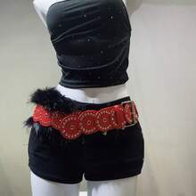 1pc PU Leather Rivet Fleece-Lined Perforated Belt: Punk Street Style Y2K Aesthetic Cool Women's Waist Strap - Pairs With Dresses, Casual Pants & Jeans - A款紅色 - 查看 6