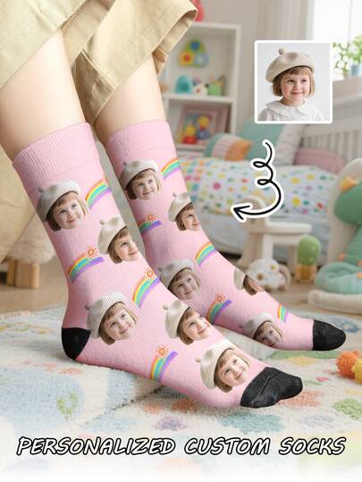 1 Pair Of Customized Face Children's Mid Tube Socks, Put Any Face On Socks,Boy And Girl, Personalized Socks For With Photos, Interesting Customized Picture Pairs With Medium To Long Socks, Suitable For Valentine's Day, Birthdays, Gift Giving