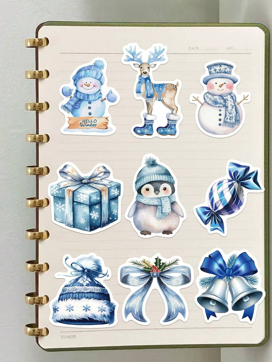 50张蓝色冬季主题贴纸，适用于剪贴簿、手机壳、笔记本、窗户、滑板、行李箱、冰箱、圣诞礼物等，剪贴簿用品文具 - 彩色 - 查看 1