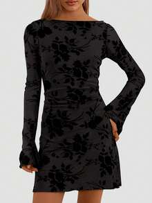 Women's Spring And Fall Fashion Floral Long Sleeve Mini Dress Mesh Bodycon Short Party Date Night Going Out Dresses Dhristmas New Years Valentine Vacation Dresses For Women - 黑色 - 查看 4