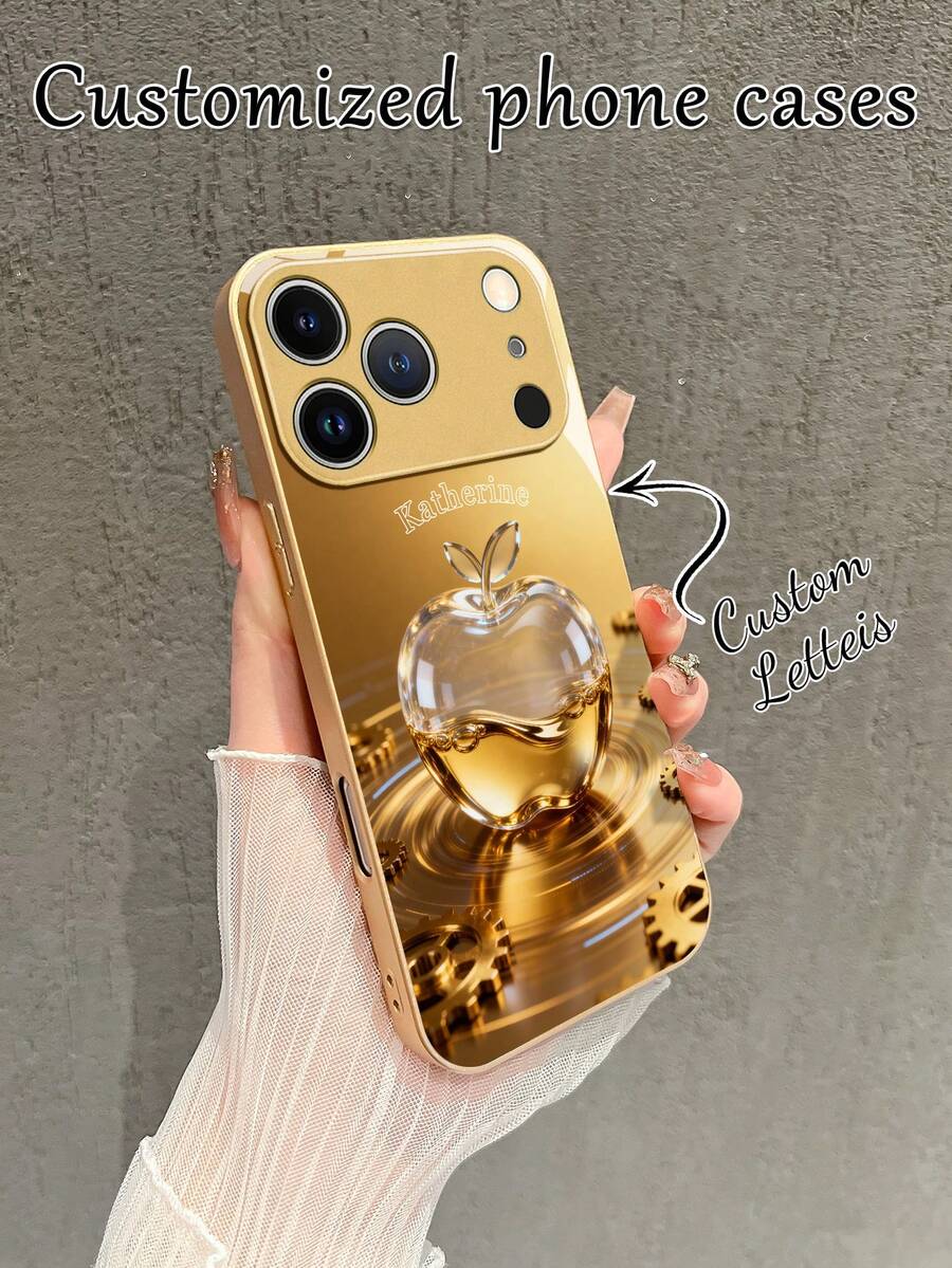 1pc Customized Name, Golden Apple Design Creative Phone Case Compatible With Samsung S24 Ultra/S25 Ultra And Apple 17 Pro Max/16 Pro Max/15 Pro/14 Plus/13 Pro/12 Pro Max/11/Xs Max/8/7/6 Plus, And /Redmi Phones, Suitable As Birthday Gift, For Girlfriend/Boyfriend Or Personal Use