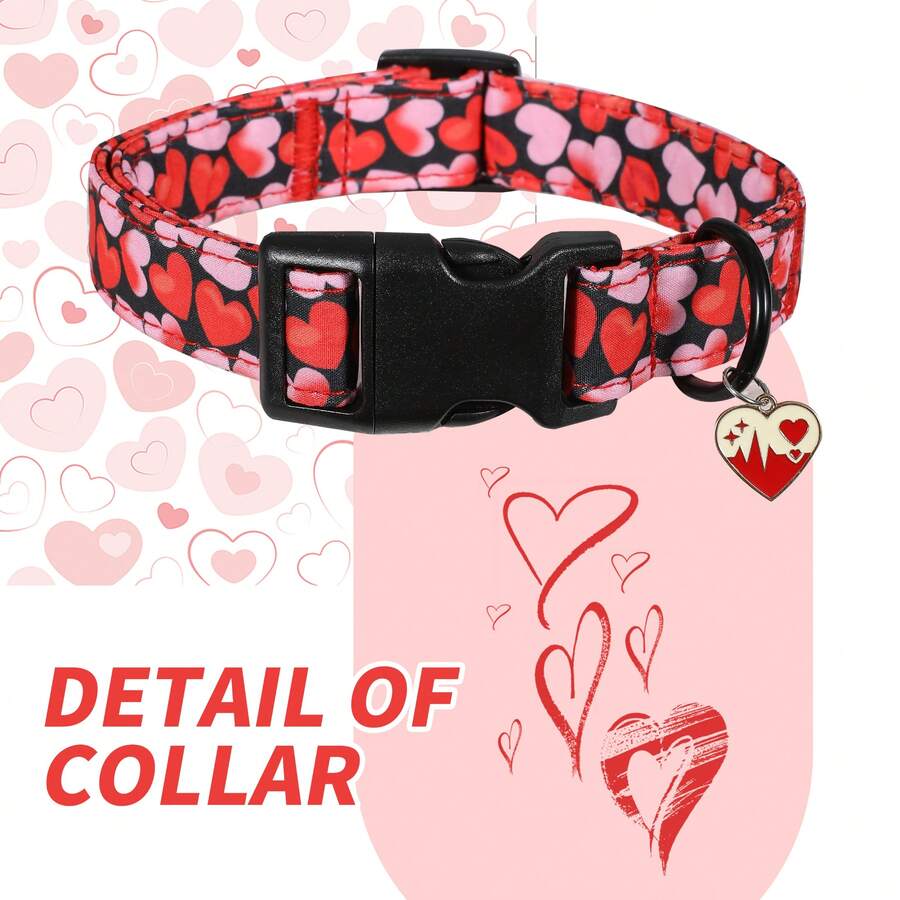 独特的情人节黑红渐变爱心图案印花狗项圈，适合小型、中型和大型犬，配有快速释放安全扣，采用柔软舒适的涤纶材质，是婚礼、幼犬生日礼物的理想之选，并饰有多种爱心图案。 - 黑色 - 查看 1