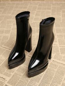 2026 Spring/Autumn New Elegant Black & Burgundy European Style Boots, Thick Heel Super High Heel Pointed Toe Women's Short Boots, Fashion - Black - View 2