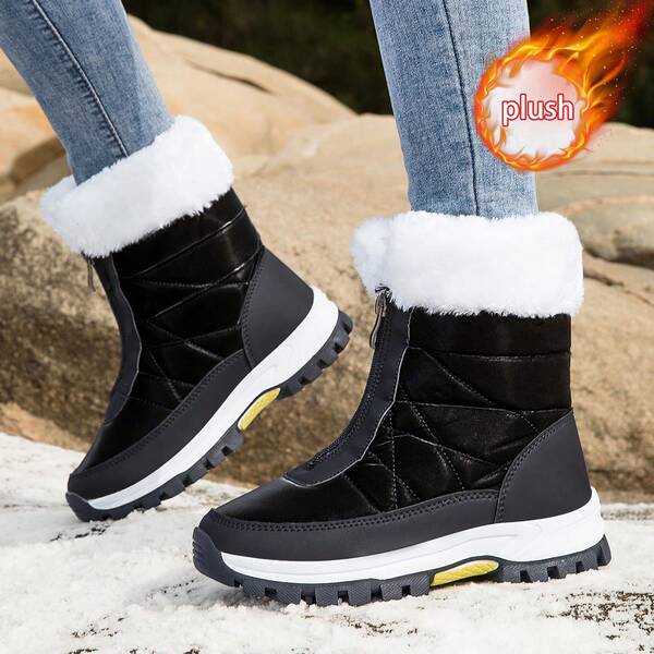 Plus Size Women's Casual Fashion Waterproof Rubber Rain Boots, Warm Thermal Lined Snow Boots For Outdoor Activities, Skiing, Expedition, Patrol