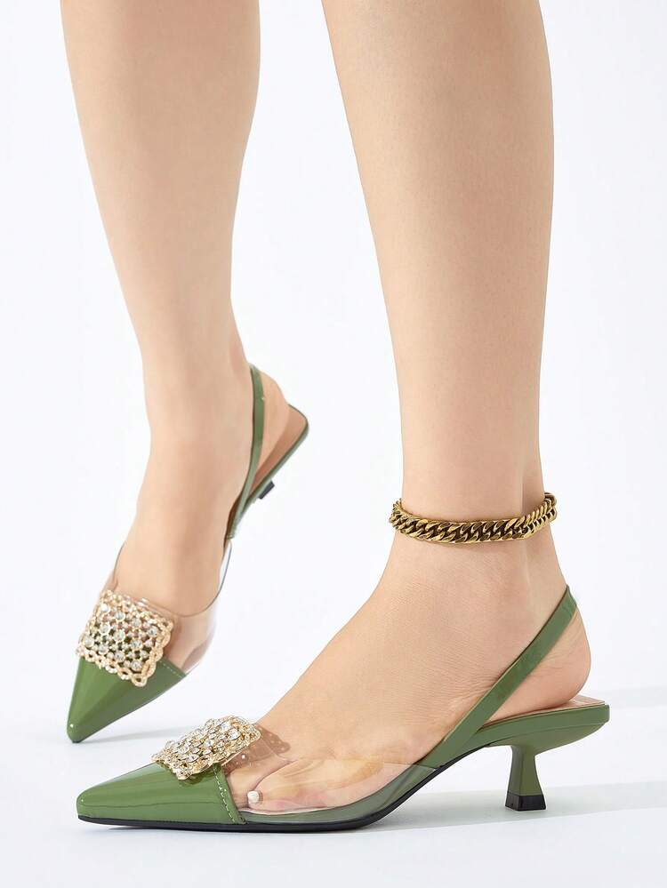 Giày cao gót hở mũi đính đá Rhinestone cho nữ, thanh lịch và thoải mái, thích hợp cho các bữa tiệc trang trọng, đám cưới, dạ tiệc vào mùa thu/đông, giày cao gót màu xanh lá cây - màu xanh lá - Xem 4