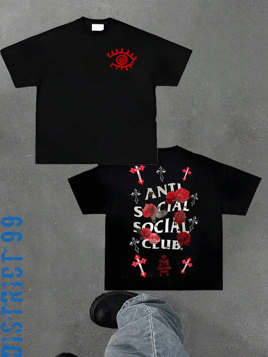 Anti Social Club Graphic Cropped T-Shirt For Boys And Girls Men, Women All Ages Family T-Shirt Letter New Streetwear Clothing Harajuku T-Shirt Cotton Half Sleeve Tee, Y2K Style Casual Cotton Classic Crewneck Design Tee - màu đen - Xem 1