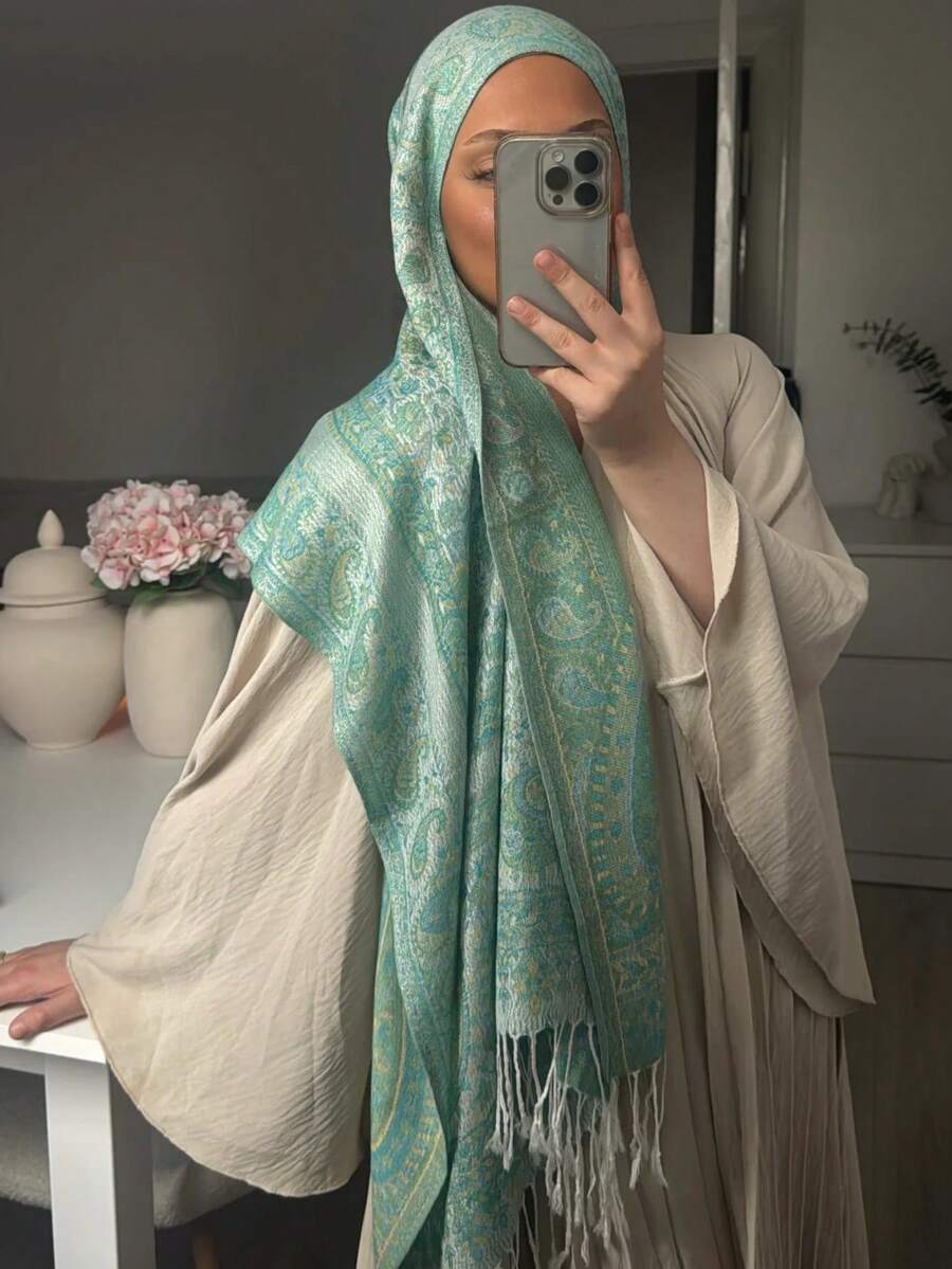 1条女士复古提花佩斯利波西米亚风长款羊毛混纺围巾，飘逸柔软，仿羊绒披肩，适合日常佩戴、旅行、秋冬季节、新年礼物