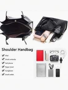 Elegant Floral Embossed Synthetic Leather Satchel Handbag For Women - Adjustable Shoulder Strap,  Zipper Closure, Versatile Work & Casual Purse, Daily Use Accessory, Sophisticated Design - 黑色 - 查看 4