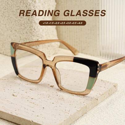 1pc Oversized Cat Eye Fashion Reading Glasses, Color Block Frame, Comfortable Spring Hinges, Stylish Women Daily Reading Glasses