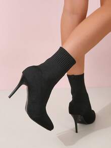 女士踝靴，黑色靴子，优雅女士靴子，女士冬靴，时尚针织尖头细高跟踝靴，百搭派对、通勤、约会女士靴子 - 黑色 - 查看 4