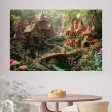Enchanted Forest Fairy Tale Backdrop - Whimsical Cottage Scene With Vibrant Flowers & Mushrooms  Perfect For Christmas &  Holiday Decor  Polyester Material  No Electricity Needed  Multiple Sizes Available  Holiday Decor Backdrop | Enchanted  Forest Design | Durable Decor Fabric  Christmas Decorations - Multicolor - View 4