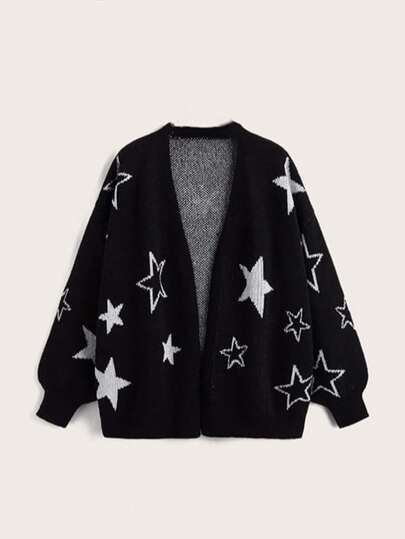 Plus Size Women Star Pattern Loose Open Front Cardigan