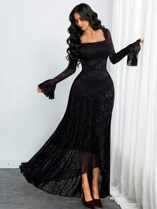 Women's Elegant French Romantic Sexy Square Neck Rose Lace Jacquard Vintage Double-Layer Ruffle Sleeve Asymmetric Hem Dress, Suitable For Dates, Vacations And Everyday Wear - Black - View 7