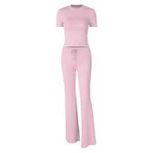 Spring And Autumn Women's Fashionable Navel-Baring Short-Sleeved Tops, Slim-Fitting Lace-Up Flared Pants Sports Suits