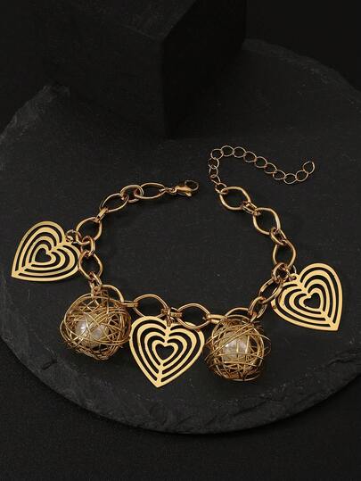 1pc Gold Heart Shaped Pendant Bracelet, Stainless Steel Chain Women Bracelet
