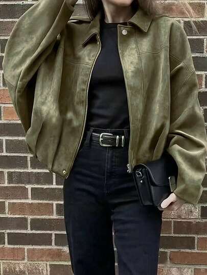 Plus Size Women's Brown Faux Suede Jacket, Dropped Shoulder Long Sleeve, Zipper Detail, Plus Size Drop Shoulder Jacket With Silver Buttons And Pleated Hem, Soft Fabric Street Style Loose Fit Spring/Autumn Lightweight Jacket