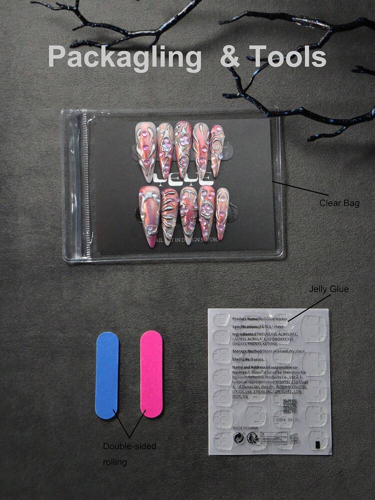 10pcs Pink Pointed Nail Art Tips, Press-On, Sweet & Hot Girl, Ombre Pink & White, Y2K Style, 3D Decor, Chrome, Silver Lines, Pink Rhinestones, Moonlight Bubbles, Holographic Bubbles, Romantic Acrylic False Nails Set For Women & Girls Wedding Manicure, Includes 1 Mini Nail File & 1 Adhesive Sticker, Daily Party Wedding Nail Supplies - Pink - View 7