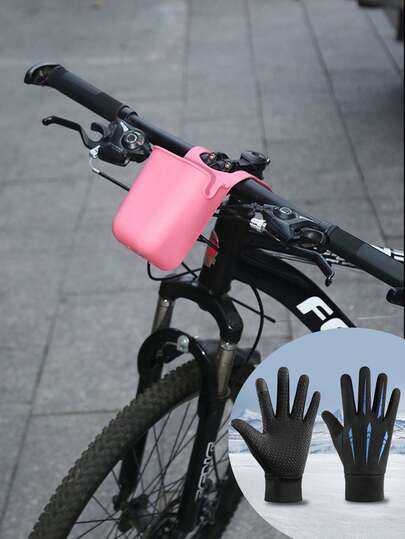 3pcs/Set: 1pc Outdoor Cycling Universal Silicone Cup Holder, 1 Pair Adult Outdoor Cycling Warm Gloves With Thermal Lining And Anti-Slip