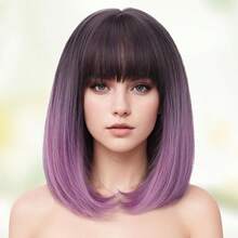 Lady Miranda Purple Bob Wig With Bangs Short Straight Ombre Wig Middle Part With Bangs Bob Hair Wigs Synthetic Grey To Purple Wigs For Women Daily Party Wig For Women{Inchcolor_nameinch:Inch1-GreyOmbrePurpleinch} - 1-灰紫色 - 查看 3