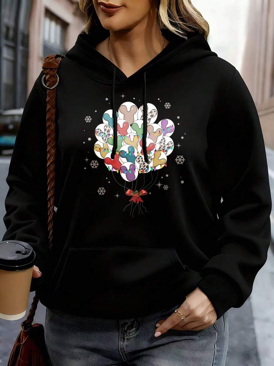 Disney Women Hoodie White Mickey Mouse Balloons Print Casual Streetwear For Daily Wear And Outings - 黑色 - 查看 1