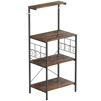 Küchenregal, 4-stufiges Design, Arbeitsplatte, 8 Haken, Metallrohre, Braun+Schwarz On-Site
