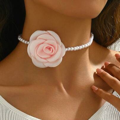 1件珍珠花卉装饰项链，百搭粉色和白色