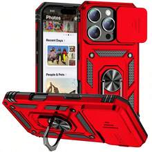 Ring Stand Rotating Slide Camera Lens Military Grade Armor Case For IPhone 16 14 13 12 11 15 Pro Max 16 Plus 13Mini 12Mini Cover - 紅色 - 查看 1