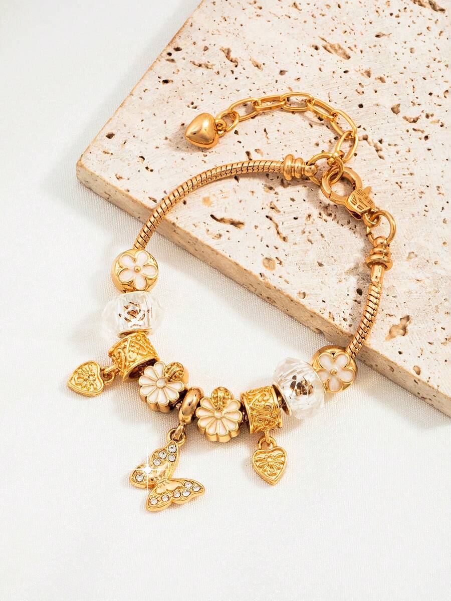 1 chiếc vòng tay mặt dây chuyền hình bướm và hoa đính đá màu vàng thời trang, sang trọng và độc đáo - Vàng - Xem 1