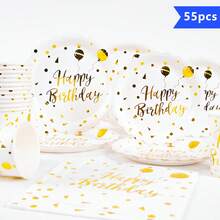 1 Set Of Disposable Plates, Napkins And Cups With Yellow Flower Petal Shaped Balloons On White Background, Suitable For 10 Guests, Disposable Paper Plates Party Supplies For Birthday, Wedding, Party, Family Picnic - Multicolor - View 1