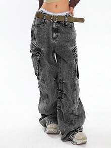 Christmas Women Boyfriends Hip Hop 90s Vintage Baggy Jeans Loose Denim Pants Mid-Low Waist Jeans Fall And Winter Clothes - 灰色 - 查看 5