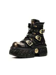 秋冬季哥特赛博朋克风系带靴，厚底，时尚复古厚底女鞋 - 黑金色 - 查看 8