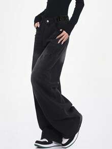 Teen Girl Vintage American Style Ripped Washed Loose Fit Straight Leg Jeans, Casual Trousers, Slim Flattering, Versatile For Spring & Autumn - Black - View 3