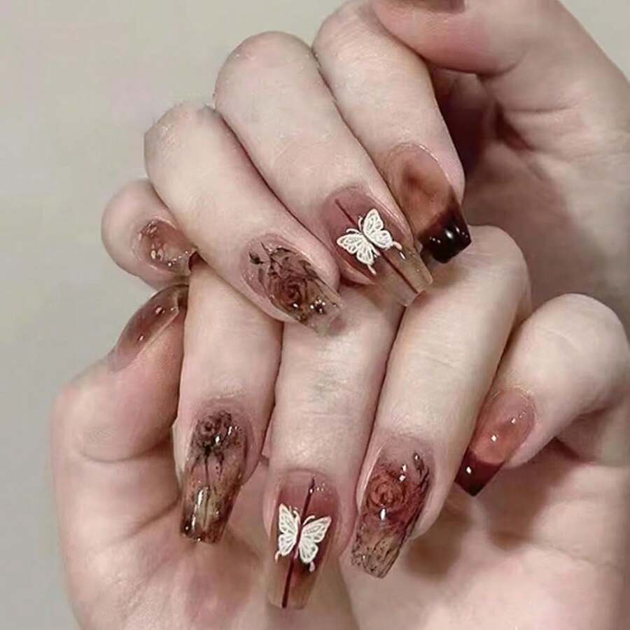 Dark Red Press On Nails French Coffin Fake Nails Tips Full Cover Butterfly Medium False Nails For Women And FFgirls 24PCS{Inchcolor_nameinch:InchNails-09inch} - 指甲-09 - 查看 1