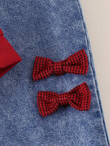 2 件套少女甜美简约 3D 蝴蝶结装饰长袖上衣和口袋牛仔裤套装，春秋 - 酒紅色 - 查看 6