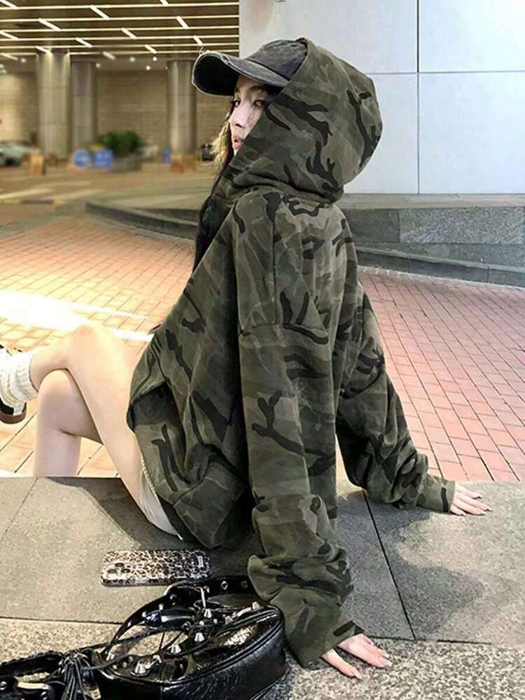 迷彩フーディ、アメリカンレトロストリートスタイル、100%コットンジップアップトップス（迷彩柄はランダム）、ファッショナブルなトレンドアイテム ユニセックス フルジップ カモフラージュ フード付きジャケット - ピュアスタイル コート (グリーン/ブラウン/ブラック/タン) フルジップフロント 取り外し可能フード 春/秋レイヤリング用 カジュアルアウター 洗濯機対応 - アーミーグリーン - 見る 5