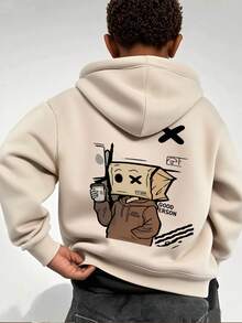 1pc Tween Boy Casual Printed Pullover Sweatshirt, Thermal Lined, Long Sleeve, Autumn/Winter - Apricot - View 6